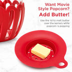 Ecolution Patented Micro-Pop Microwave Popcorn Popper with Temperature Safe Glass, 3-in-1 Lid Measures Kernels and Melts Butter, Made Without BPA, Dishwasher Safe, 3-Quart, Red