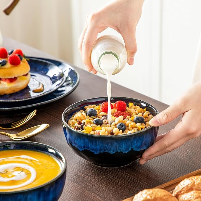 vancasso Starry 16 Pieces Dinnerware Set for 4, Reactive Glaze Blue Stoneware Plates and Bowls Set, Dishes Set with Mugs for 4, Microwave & Dishwasher Safe