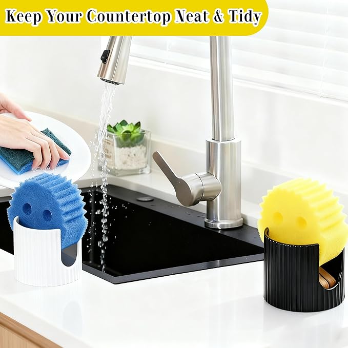 Ceramic Sponge Holder for Kitchen Sink - Dishwasher Safe Porcelain Dish Sponge Caddy Minimalist Vertical Stripes, Scrub Daddy Holder for Countertop, Bathroom, Kitchen Sink Organizer, Black