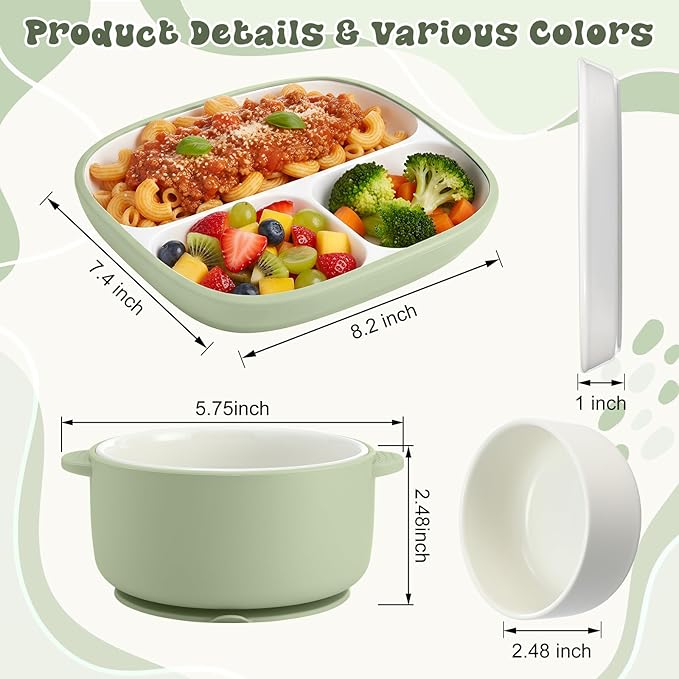Domensi 4 Pcs Square Porcelain Kid Plate and Bowl Set with Suction, 2 Ceramic Toddler Divided Plate 2 Baby Anti Slip Silicone Sleeve Bowl for Feeding Supplies Microwave Dishwasher Safe(Blue, Green)