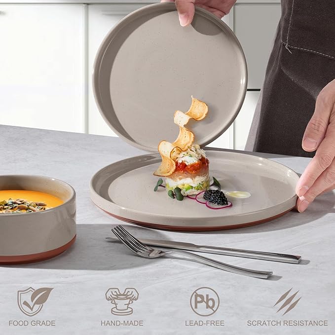 LIANYU 18 Piece Dinnerware Sets for 6, Modern Style Stoneware Dinnerware Set, Scratch Resistant, Dishwasher Safe Bowl and Plate Sets, Ceramic Dish Dinner Set, Terra Brown