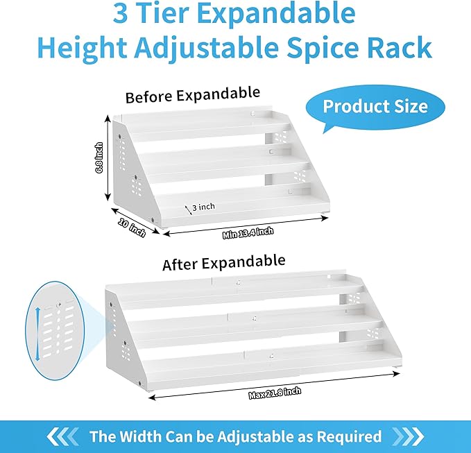 Spice Rack, Spice Organization for Cabinet - Expandable Width, 3 Tiered Spice Rack Organizer for Cabinet - Adjustable Height, Seasoning Organizer for Cabinet, Countertop, Pantry, White