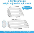 Spice Rack, Spice Organization for Cabinet - Expandable Width, 3 Tiered Spice Rack Organizer for Cabinet - Adjustable Height, Seasoning Organizer for Cabinet, Countertop, Pantry, White