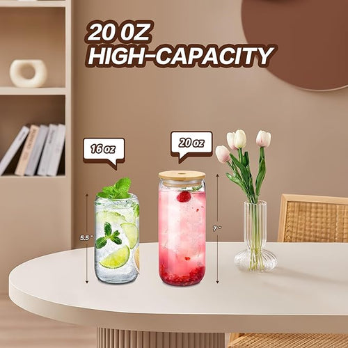 20oz Glass Cups with Lids and Straws Set of 6 – Large Iced Coffee Tumblers for Couples, Families, or Friends – Reusable Drinkware for Brunch, Home Gatherings, and Holiday Gifting