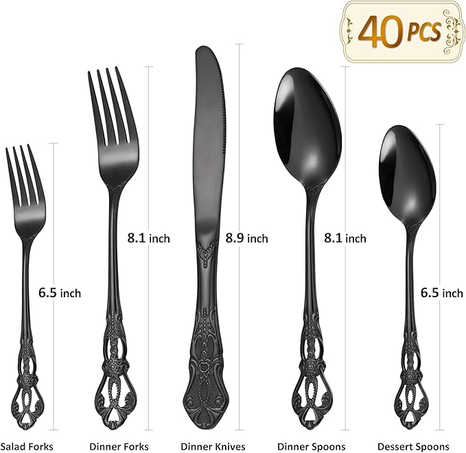 Gorgeous Retro Royal Black Silverware Set For 8,OIULO 40 Pieces Flatware Service 8,Stainless Steel Anti-rust Dark Fine Vintage Utensils Forks Spoons Knife,Antique Baroque Cutlery,Mirror Dishwasher
