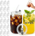 Leakproof Glass Cups with Plastic Lids and Straws, 16oz Iced Coffee Cup, Drinking Glasses Tumbler for Water, Boba Tea, Smoothie - 20pcs