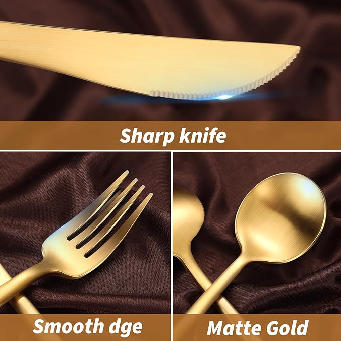 20-Piece Gold Silverware Set for 4, 18/10 Stainless Steel Flatware with Thick Spoons and Forks, Matte Golden Cutlery, Eating Kitchen Utensils for Home Restaurant Wedding, Dishwasher Safe