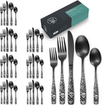 Pattern Matte Silverware Set for 8,40 Piece Gothic Black Flatware set,Skeleton Flower Bat Unique Pattern Design,Skull Knive Fork Spoon Spooky Utensils Cutlery,Halloween Party Supplies Event Tab