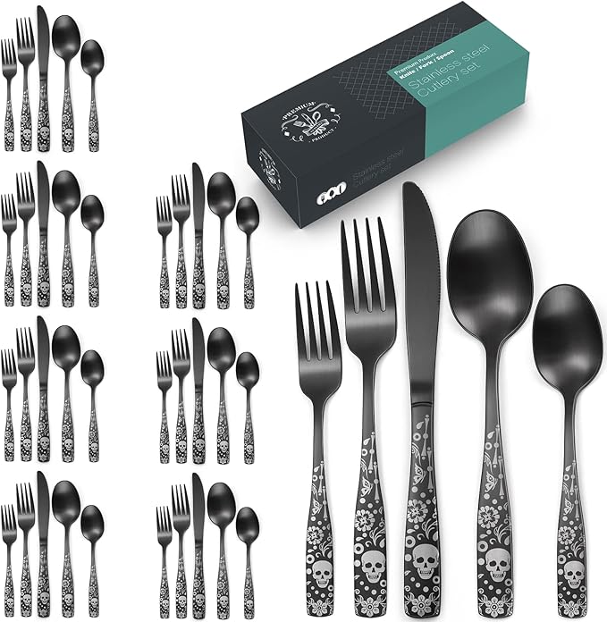 Pattern Matte Silverware Set for 8,40 Piece Gothic Black Flatware set,Skeleton Flower Bat Unique Pattern Design,Skull Knive Fork Spoon Spooky Utensils Cutlery,Halloween Party Supplies Event Tab