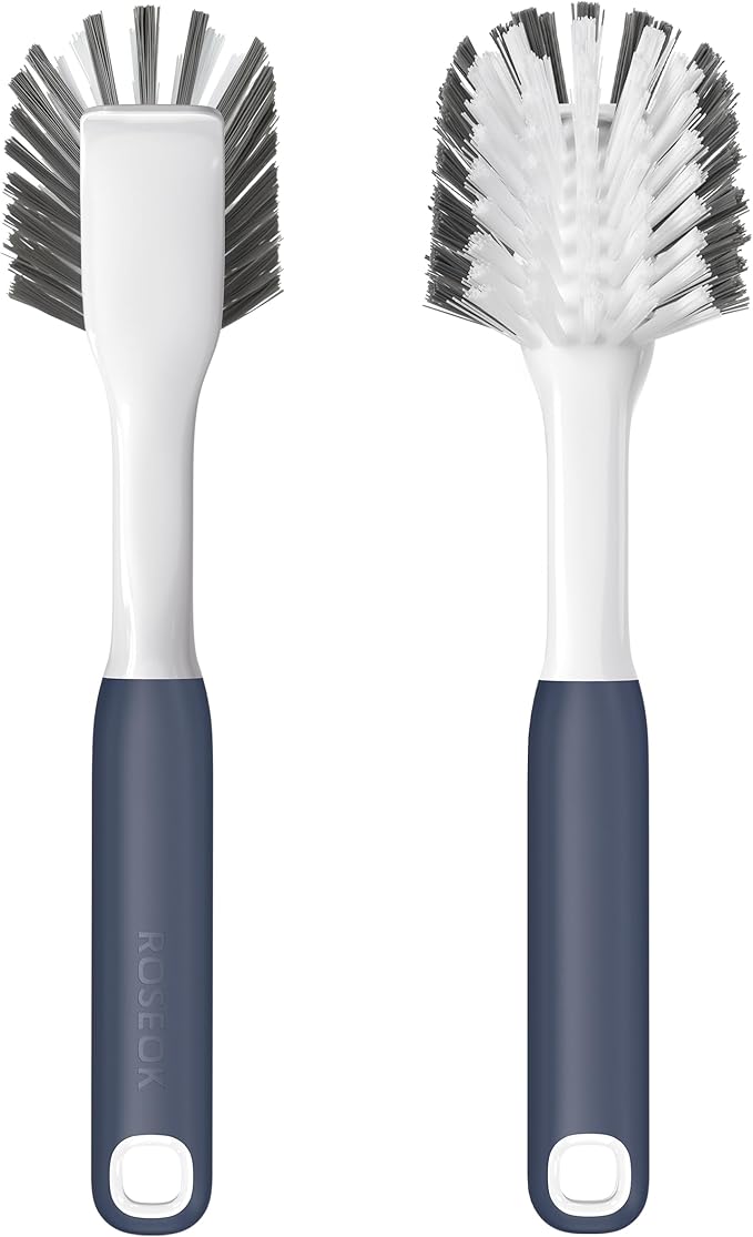 ROSEOK Dish Brush with Built-in Scraper,Kitchen Scrub Brush for Cleaning Dishes,Pots,Non-Stick Pans and Sinks,Navy Blue,2 Pack