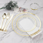 BESTVIP 350PCS Clear Gold Disposable Dinnerware Set for 50 Guests, Plastic Plates for Party, Wedding, Christmas, Include: 100 Plastic Plates, 50 Gold Silverware, 50 Cups, 50 Napkins