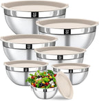 Mixing Bowls with Lids Set - 7PCS Nesting Mixing Bowls, Airtight Lids, Stainless Steel Mixing Bowls for Mixing, Baking & Meal Prep, Dishwasher Safe, Size 0.7/1.1/1.5/2.1/3.5/4/4.5 QT, Khaki