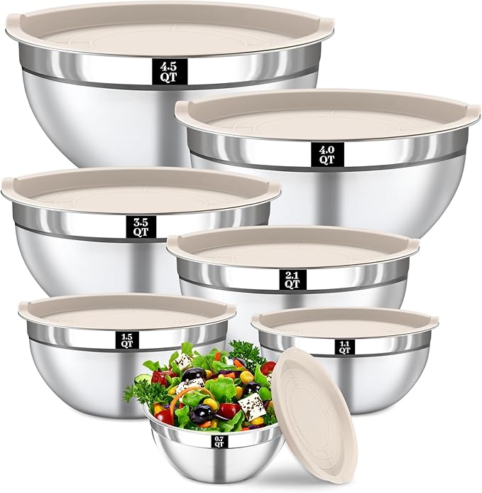 Mixing Bowls with Lids Set - 7PCS Nesting Mixing Bowls, Airtight Lids, Stainless Steel Mixing Bowls for Mixing, Baking & Meal Prep, Dishwasher Safe, Size 0.7/1.1/1.5/2.1/3.5/4/4.5 QT, Khaki