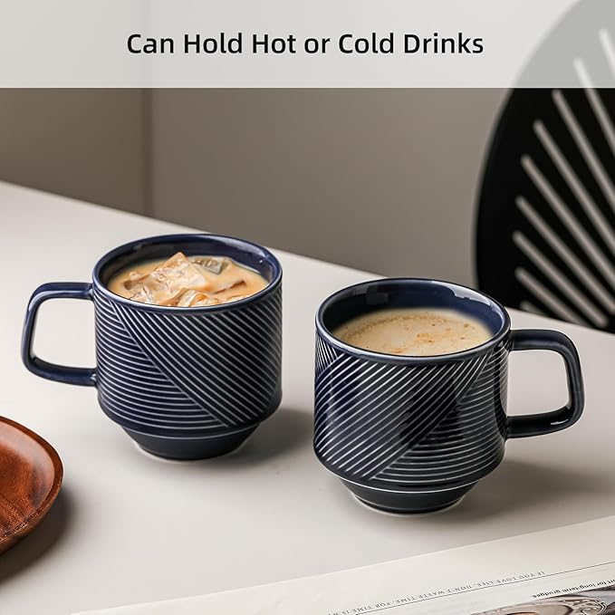 Stackable Coffee Mugs Set: 13 oz Ceramic Stacking Cups for Cappuccino Latte Tea - Microwave Safe Mug for Home & Office - 4 PCS, 4 Color Assorted