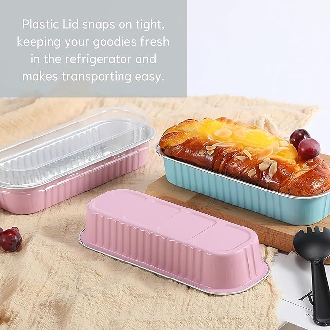 Mini Loaf Baking Pans with Lids And Spoons (100 Pack, 6.8oz) Rectangle Aluminum Foil Baking Pans Tins Containers - Cupcake Containers Wrappers Cheesecake Creme Brulee Ramekins