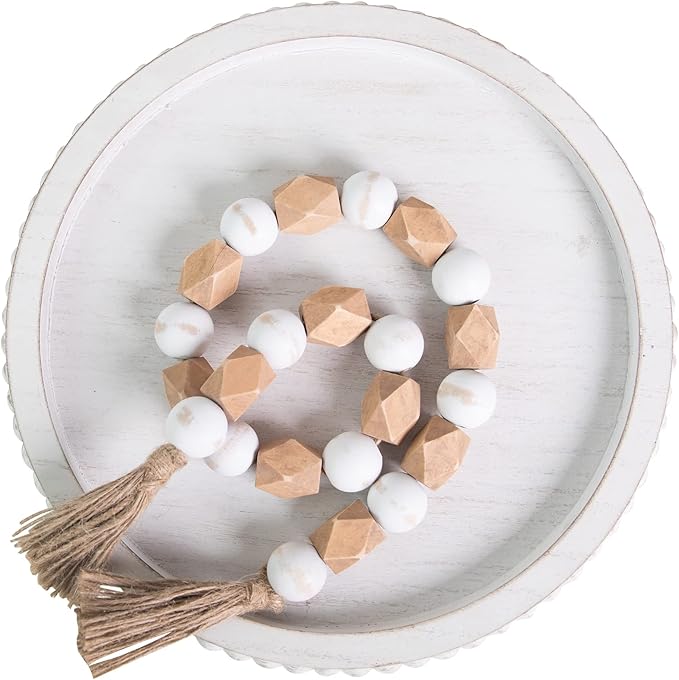 HPC Decor 12in Round Wood Tray - White, Distressed, Farmhouse Rustic - Decorative Tray for Living Room, Coffee Table, Kitchen Table or Farmhouse Serving Tray