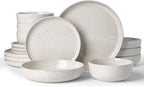 Famiware Meteor Stoneware Dinnerware Sets with Pasta Bowls, Service for 4 (16 Pieces), Plates and Bowls Sets, Microwave and Dishwasher Safe Dishes Set, Creamy White