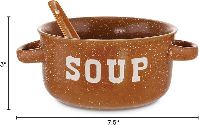ZENVY Soup Bowl Set of 4 | Ceramic Soup Bowls and Spoons | 22 Ounce (Speckled)