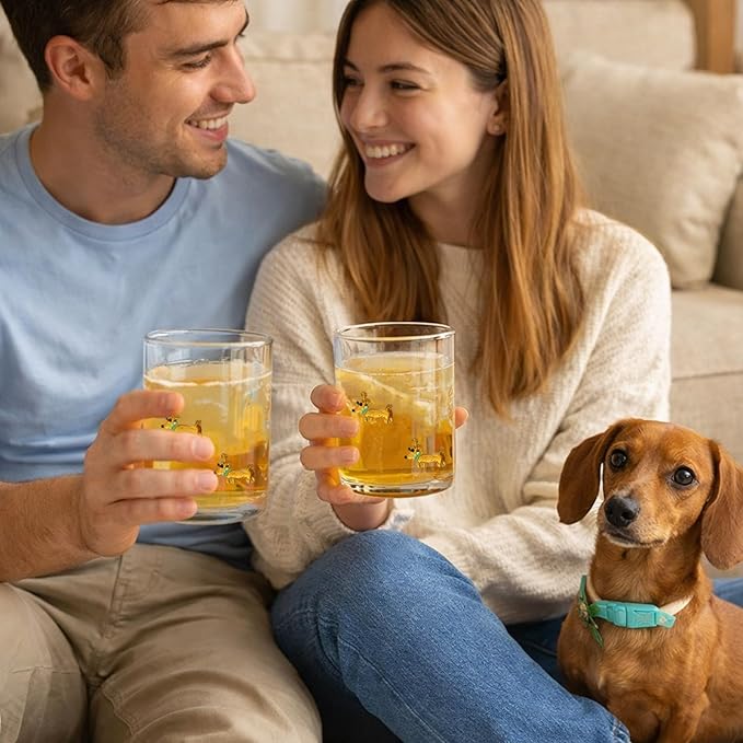 Skylety 2 Pack Icon Juice Glasses, 14 oz Stemless Glass Cups, Dachshund Juice Cocktail Wine Coffee Drinking Cups for Engagement Wedding Anniversary Valentines Party Supplies