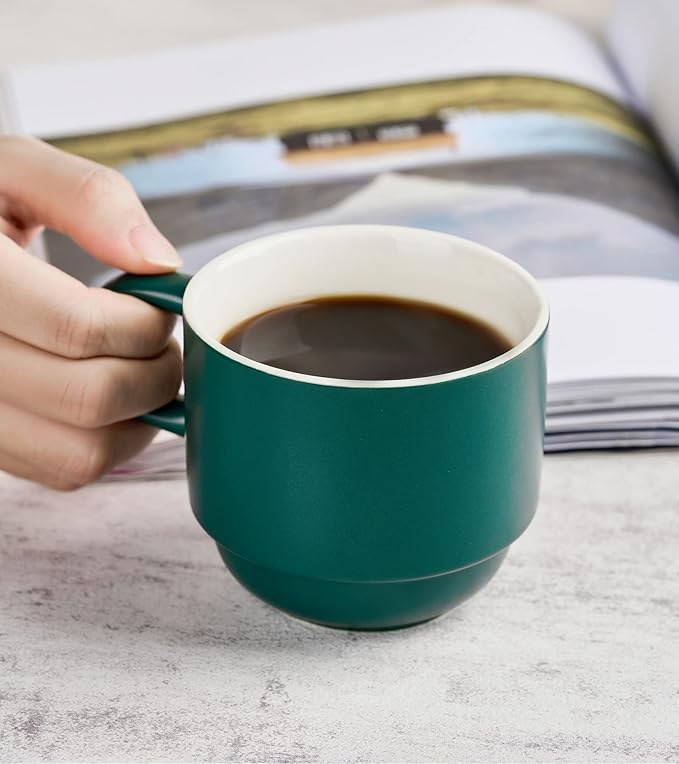 YHOSSEUN Stackable Coffee Mugs, Coffee Mug Set of 4 with Rack and Spoons, 11 oz Tea Cup Set for Espresso Drinks Cappuccino Latte, Coffee Cup Christmas Gift, Dark Green