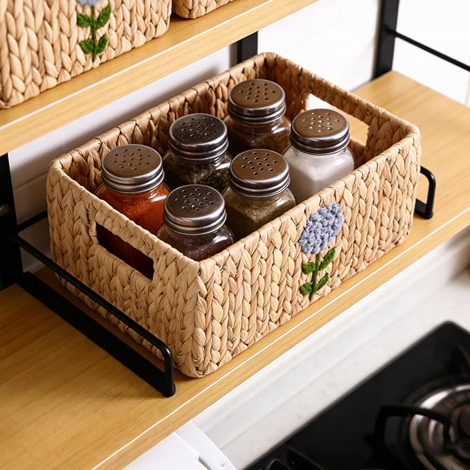 Set of 5 Water Hyacinth Pantry Baskets, Storage Baskets for Organizing, Cube Storage Bins for Shelves, Rectangle Storage Baskets with Handles, Woven Baskets for Storage - Floral
