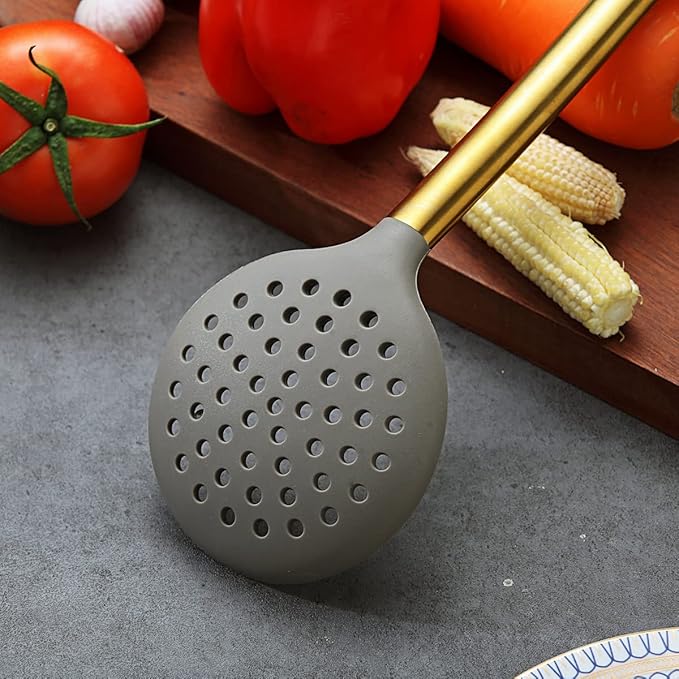 Gold Skimmer, Berglander Non-stick Silicone Strainer With Titanium Gold Plating handle, Kitchen Cooking Skimmers For Non-Stick Cookware, Dishwasher Safe, Easy to Clean