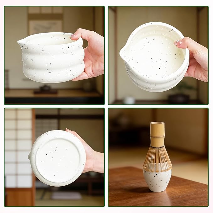 Matcha Whisk Set 8Pcs, Ceramic Japanese Tea Handmade Speckled Bowl Kit, Ceremony Starter Making Gifts, Boho Complete Fellow Matcha Tools Accessories with Spout Spoon Chasen Holder Sifter Tea Cloth