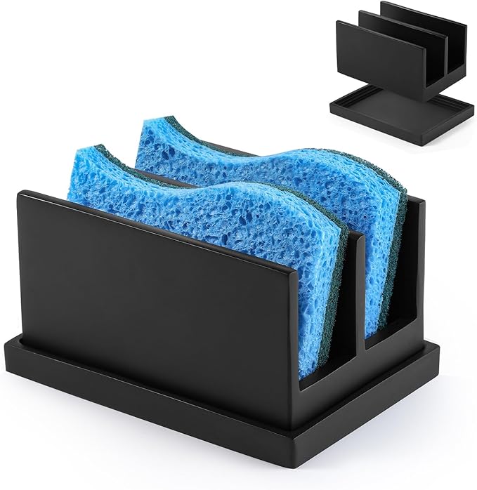 Luxspire Kitchen Sponge Holder for Sink, Dish Sponge Holder with 2 Compartments, Sponge Caddy for Kitchen Sink Counter, Sponge Holder with Drain Tray, Matte Black