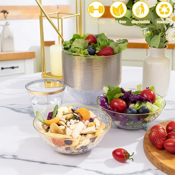 I00000 50 Pack 12 Ounce Clear Plastic Bowls Hammered with Gold Rimmed, Heavy Duty Disposable Bowl Set,Small Bowls for Wedding Day