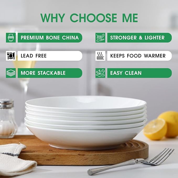 Bone China Pasta Bowls Set of 6, 23.5oz Soup Bowls White Salad Bowl, 8 inch Pasta Bowls Lightweight Wide Shallow Kitchen Plates for Serving Dinner - Microwave Dishwasher Safe, Kitchen Gifts
