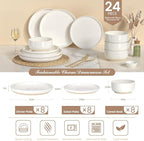 Plates and Bowls Sets, Scratch Resistant Dinnerware Sets for 8, 24 Pieces Porcelain Ceramic Dishware Dishes Set, Modern Stoneware Kitchen Dinner Set, Microwave and Dishwasher Safe, Cream White