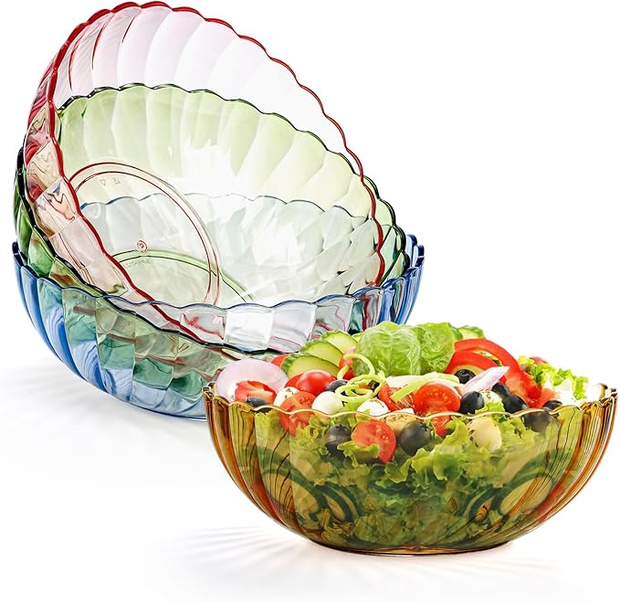 Fasmov 4 Pack Plastic Serving Bowls, Plastic Salad Mixing Bowls, 74oz Break Resistant Plastic Bowls for Salad, Fruit, Popcorn, Chip and Dip, Multicolor