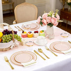 GATHER 350PCS Pink Plastic Plates - Disposable Plastic Dinnerware Set Include 100 Pink Plates, 150 Silverware, 50 Napkins, 50 Cups for Party & Wedding & Baby Shower & Mother‘s Day