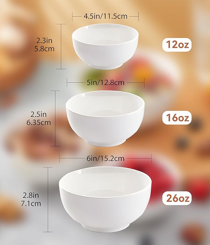 AntoKueh White 4.5in Small Ceramic Bowls, 12 OZ Cereal Bowls Set of 6 for Dessert, Rice, Jello, Pudding, Yogurt, Dishwasher/Microwave safe