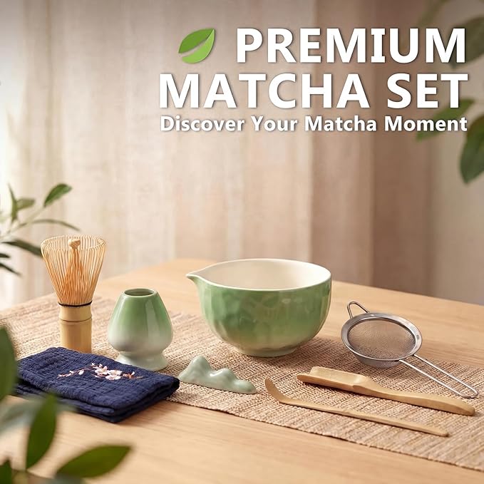 8 Pcs Matcha Whisk Set, Complete Ceramic Matcha Set Includes Bowl & Holder, Whisk, Scoop, Spoon, Tea Towel and Stainless Steel Sifter, Perfect Kit for Matcha Lovers (Green)