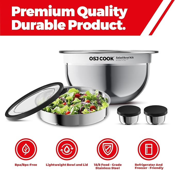 18/8 Stainless Steel Salad Bowl Kit - 74oz, Salad Bowls to go for Lunch, Comes with 1.7oz Condiment Container and Removable Tray for Organization - Leak-Proof, Dishwasher Safe (Mirror)
