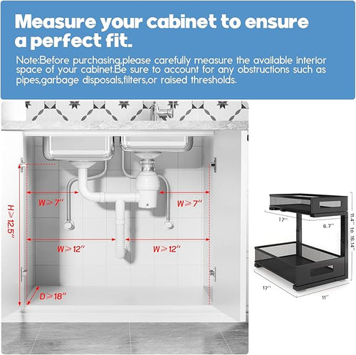 2 Pack 17IN Depth Under Sink Storage Organizer, Large 2-Tier Elegant Mesh Pull Out Shelf for Kitchen and Bathroom Cabinet Organization, L-Shaped and Adjustable Height Design-Black