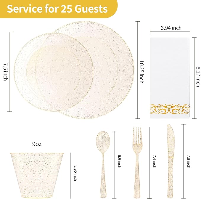 Goodluck 175 Pieces Dinnerware Set for 25 Guests, Plastic Plates Disposable for Party, Include: 50 Gold Glitter Plastic Plates, 25 Paper Napkins, 25 Cups, 25 Gold Glitter Silverware Set