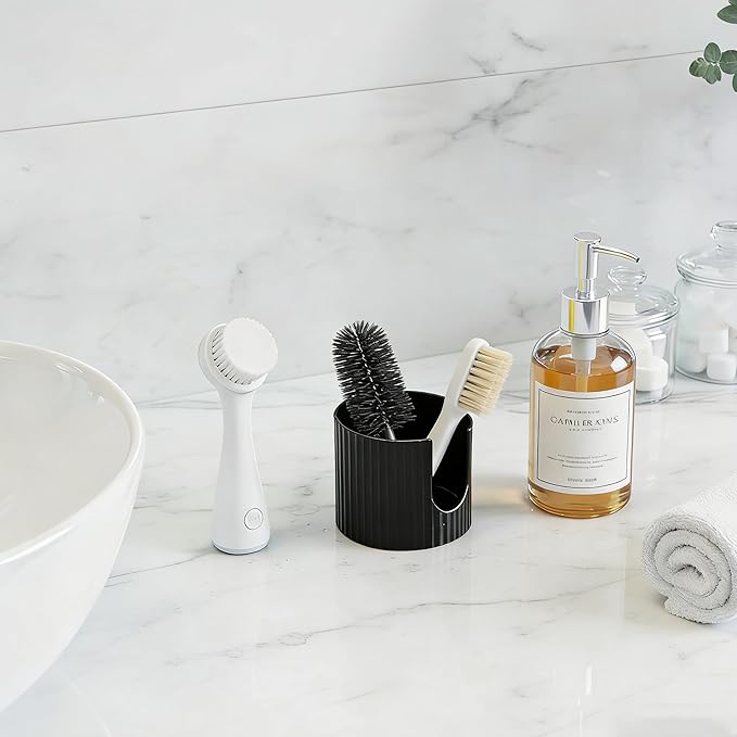 Ceramic Sponge Holder for Kitchen Sink - Dishwasher Safe Porcelain Dish Sponge Caddy Minimalist Vertical Stripes, Scrub Daddy Drying Rack for Countertop, Bathroom, Kitchen Sink Organizer, 2pcs