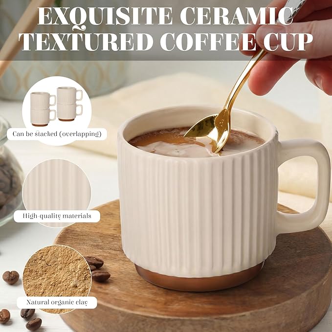 6 Set Ceramic Coffee Mugs with Spoons Set, Beige Textured Ceramic Mugs with Handle, Dishwasher Microwave Safe, Aesthetic Tea Mug for Home Office, Coffee Lover Gift