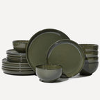 Pokini 18 Piece Dinnerware Set for 6, Reactive Glaze Terracotta Plates and Bowls Set, Large Family-Sized Stoneware Dish Set for Gatherings, Chip and Scratch Resistant, Blackish Green