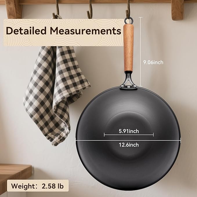 Carbon Steel Wok with Lid, 12.6" Flat Bottom Stir Fry Pan, Rolled Edge Spun Steel Wok, Coating-Free Wok for Induction, Gas & Electric Cooktops