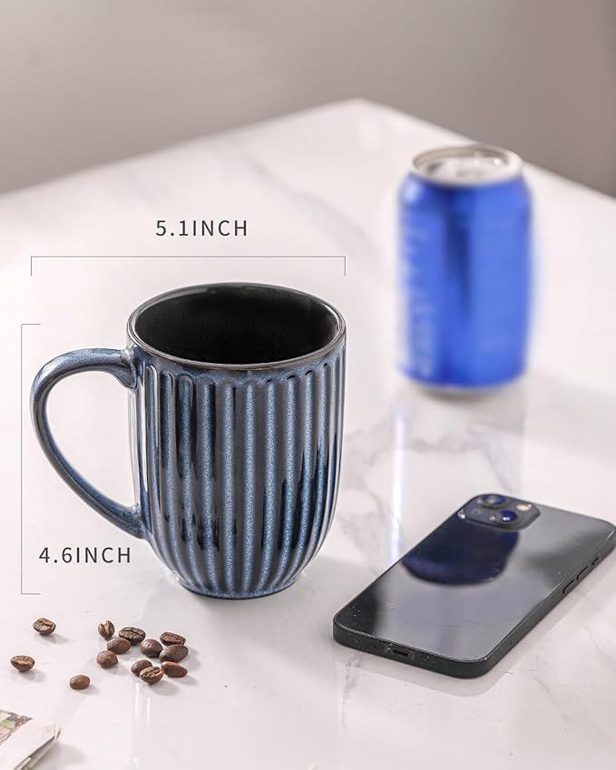 HASENSE 16 oz Ceramic Coffee Mugs Set of 4, Ribbed Navy Blue Coffee & Tea Cups, Dishwasher & Microwave Safe, Ideal for Housewarming & Wedding Gifts