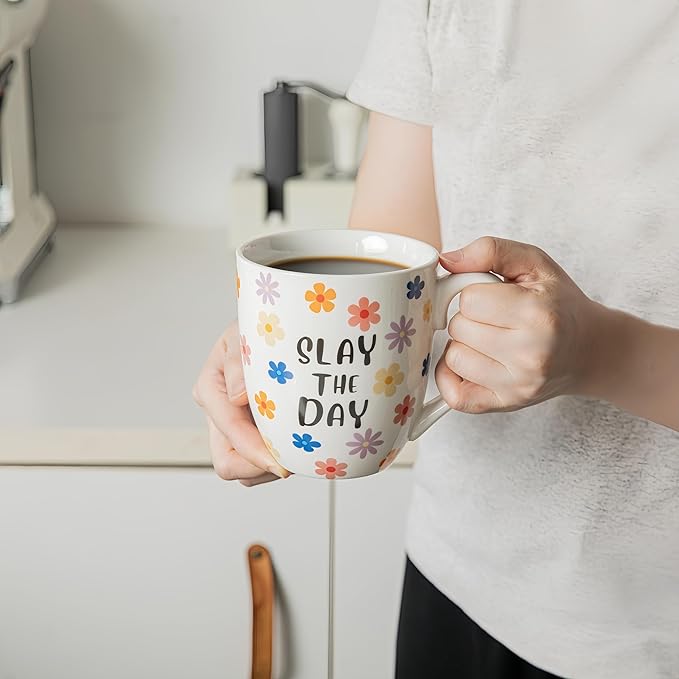 16 OZ Coffee Mugs Set of 6, Aesthetic Cute Cups with Retro Floral Pattern, Inspirational Affirmation Gifts for Women, Coworkers, Friends, Ceramic, (White)