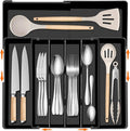 Large Kitchen Silverware Organizer - Expandable 17.2" x 17.9" Adjustable Drawer Tray, 4-7 Compartments for Maximum Storage, BPA-Free, Black,L