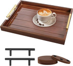 SXNOWS Ottoman Tray, Large Wooden Serving Tray with 2 Sets of Handles for Coffee Table, Rustic Living Room Kitchen Decor, 4 Round Coasters Included, Dark Brown