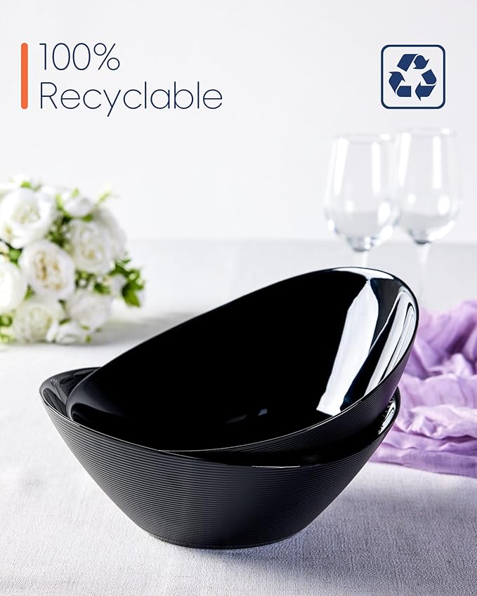 LaGlint 66 OZ Salad Bowl Set of 2, Opal Glass 10 inch Lightweight Serving Dishes for Salad, Fruit, Kitchen Microwave & Dishwasher Safe, Oval Shape Black