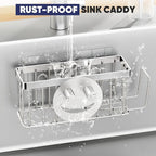 MURLONG Sponge Holder for Kitchen Sink,Sink Caddy Smiley Face,4-in-1 Sponge Holder with Suction Cups & 1 PCS Adhesive Strips for Holding Soap,Brush,Scrubber,Sponge,Stopper-Silver