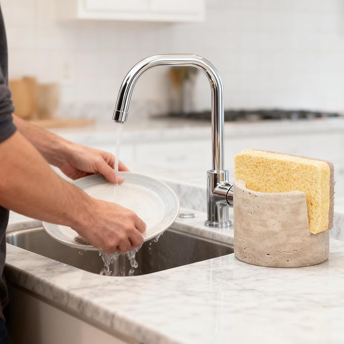 Travertine Natural Marble Sponge Holder, Sponge Caddy for Sink Organizer, Kitchen, Bathroom, Fast Absorbing, Durable, Elegant and Stylish