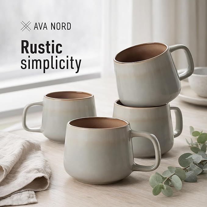 Ava Nord Large Ceramic Coffee Mugs Set of 4 | 16 oz Stoneware Coffee Cups | Lead-Free, Non-Toxic | Microwave and Dishwasher Safe | Comfortable Handle | Nordic Design for Tea, Cocoa, Latte | Sage Ash